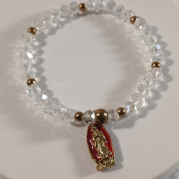 Clear Crystal Bead Stretch Bracelet with Gold and Red Charm - Picture 2 of 4